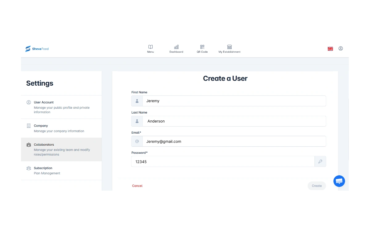 Enter collaborator name, email, and password